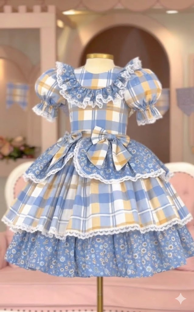 Vestido de Festa Junina – Azul Encanto do Campo 💙🌼
