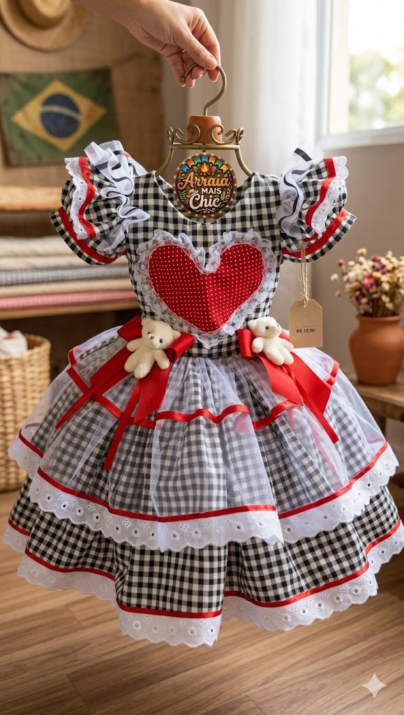 Vestido Festa Junina Infantil - Coração de Ursinho