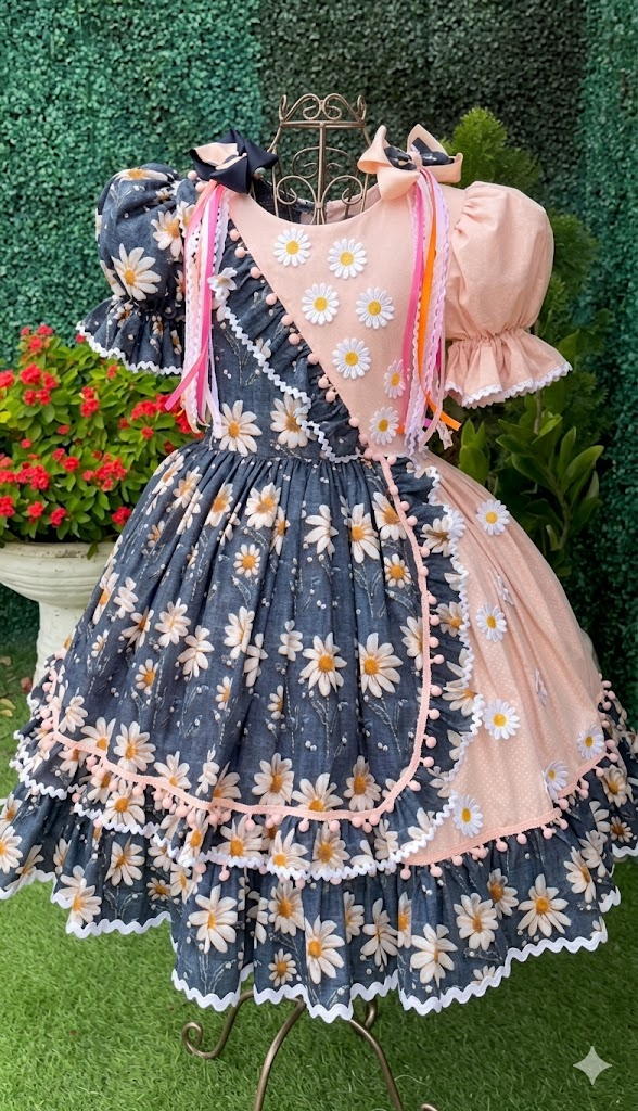 Vestido de Festa Junina – Margarida Encantada Azul & Rosé 🌼