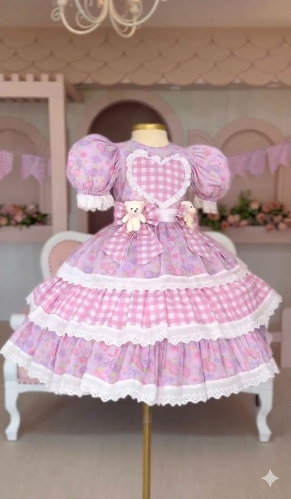 Vestido de Festa Junina – Rosa Encanto dos Ursinhos 🐻