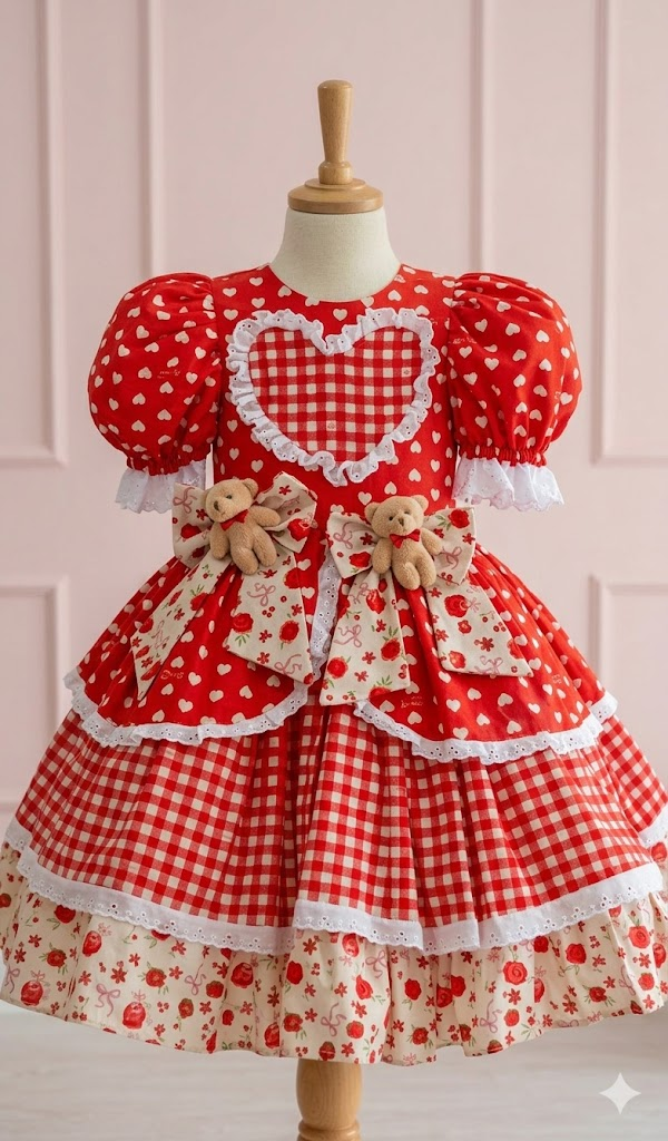 Vestido de Festa Junina – Vermelho Encanto dos Ursinhos 🐻