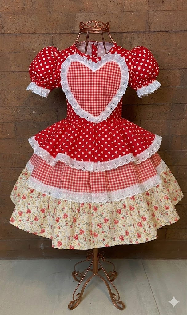 Vestido de Festa Junina – Xadrez Vermelho com Poás e Coração Encantador ❤️